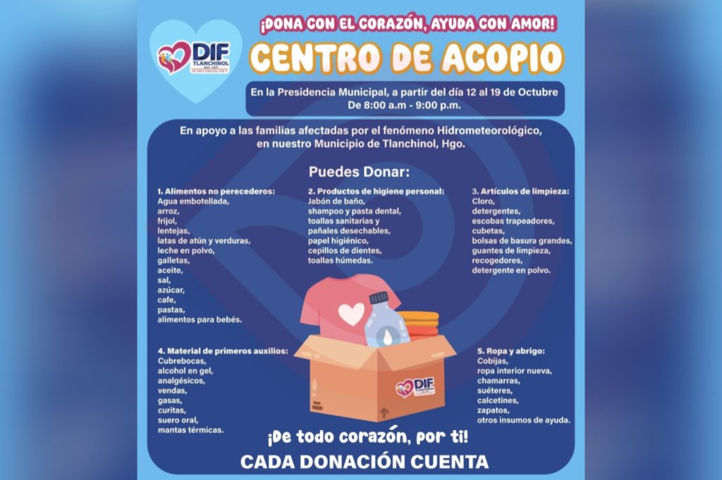 DIF Municipal abre centro de acopio para damnificados de Tlanchinol