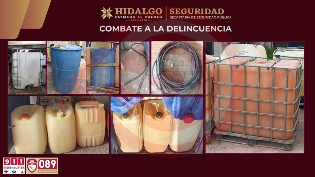 Operativo coordinado en Tlaxcoapan: SSPH asegura hidrocarburo, droga y vehículos con reporte de robo
