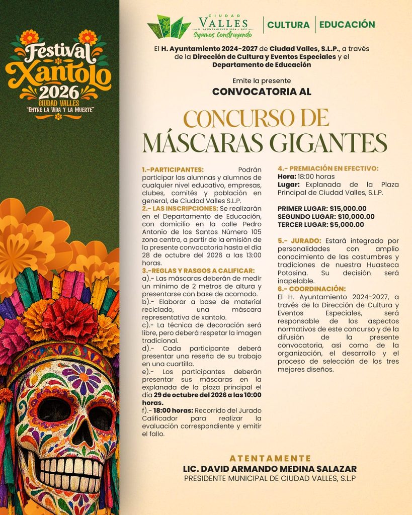 Ayuntamiento invita a participar en el concurso de máscaras gigantes del festival Xantolo 2026
